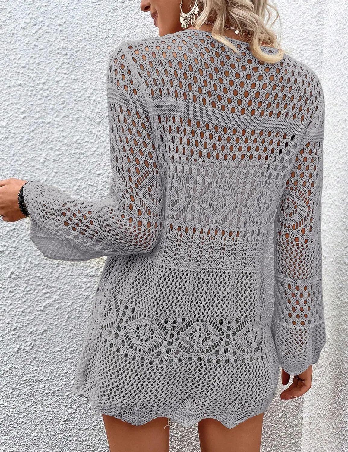 Women's Crochet Cardigan Light Weight Long Sleeve Tie Front Hollow Out Thin Cardigan