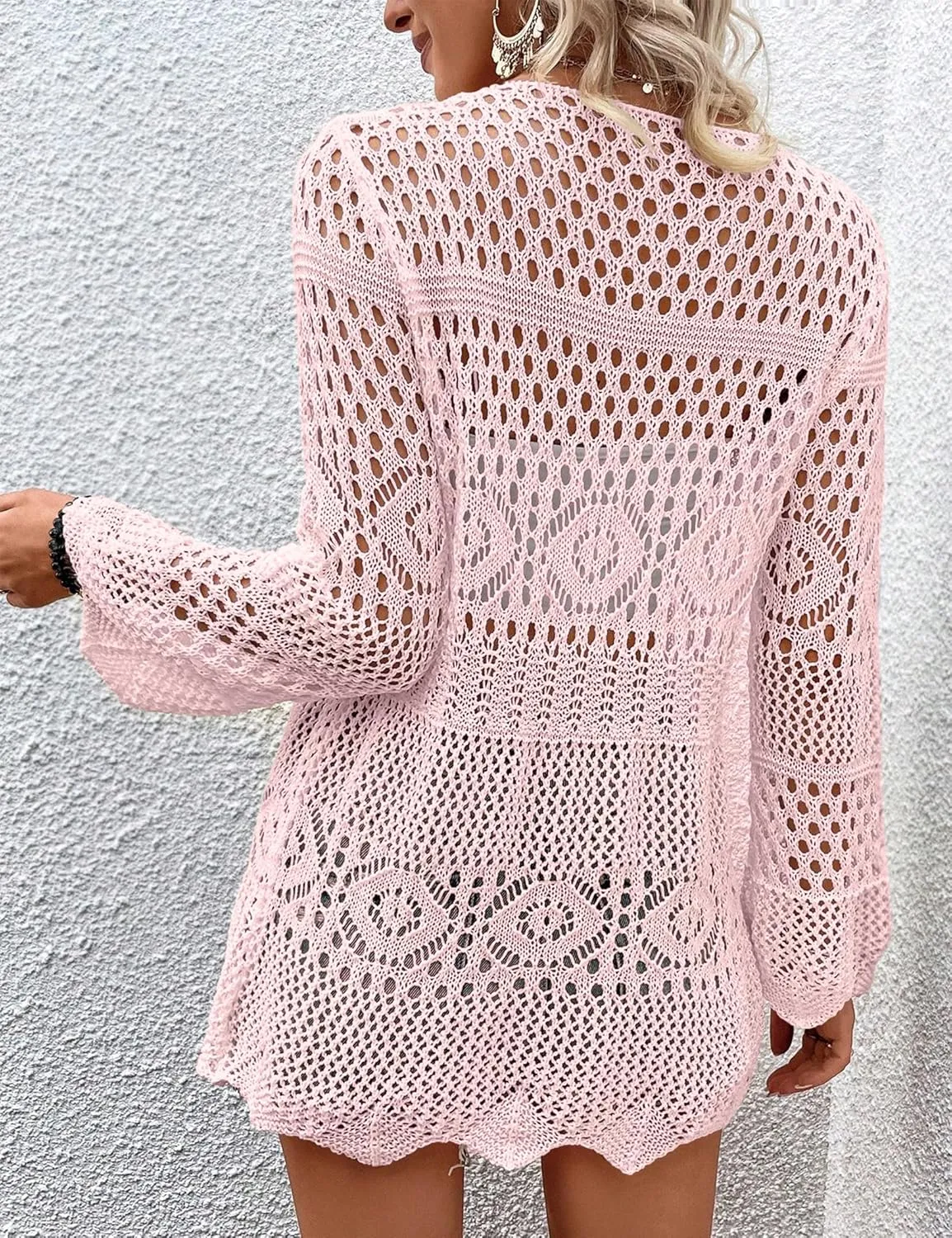 Women's Crochet Cardigan Light Weight Long Sleeve Tie Front Hollow Out Thin Cardigan