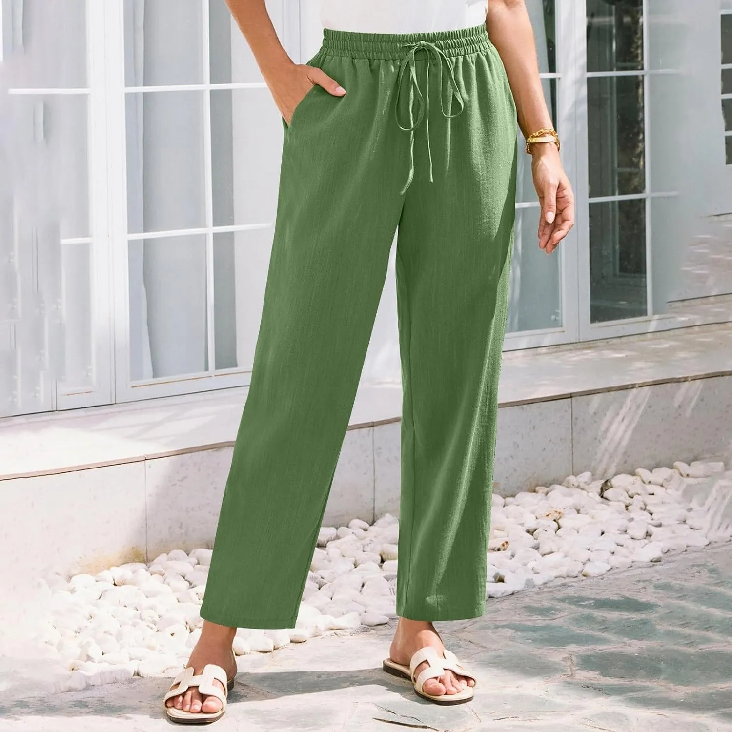 Womens Pants, Peasant Pants Straight Leg Linen Casual Loose 2025 Stretchy Elastic