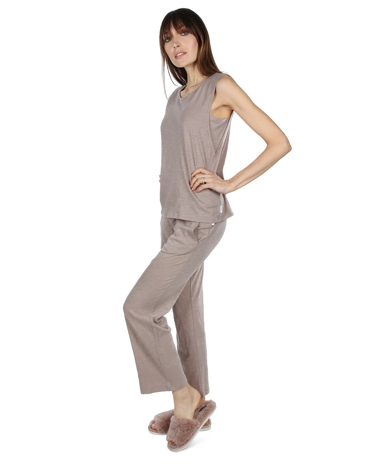 Women's Relaxed Fit 100% Cotton Slub Knit Pants and T-Shirt Set