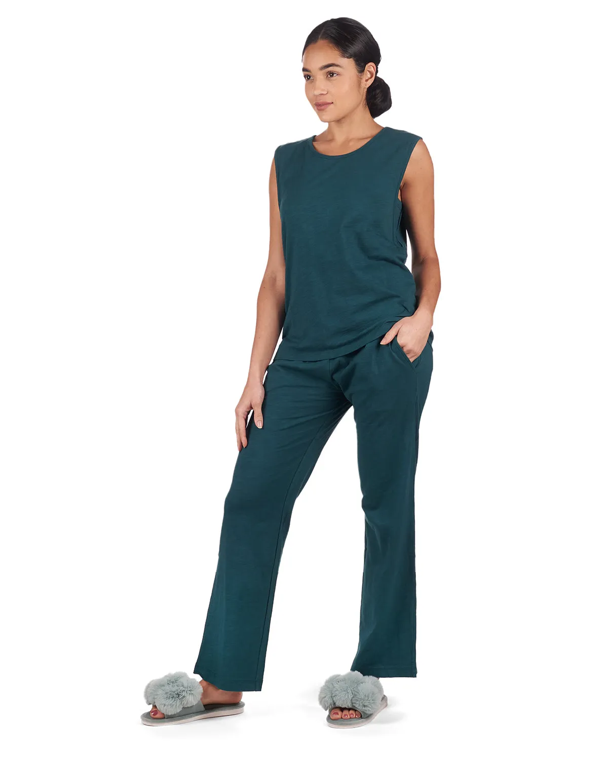 Women's Relaxed Fit 100% Cotton Slub Knit Pants and T-Shirt Set