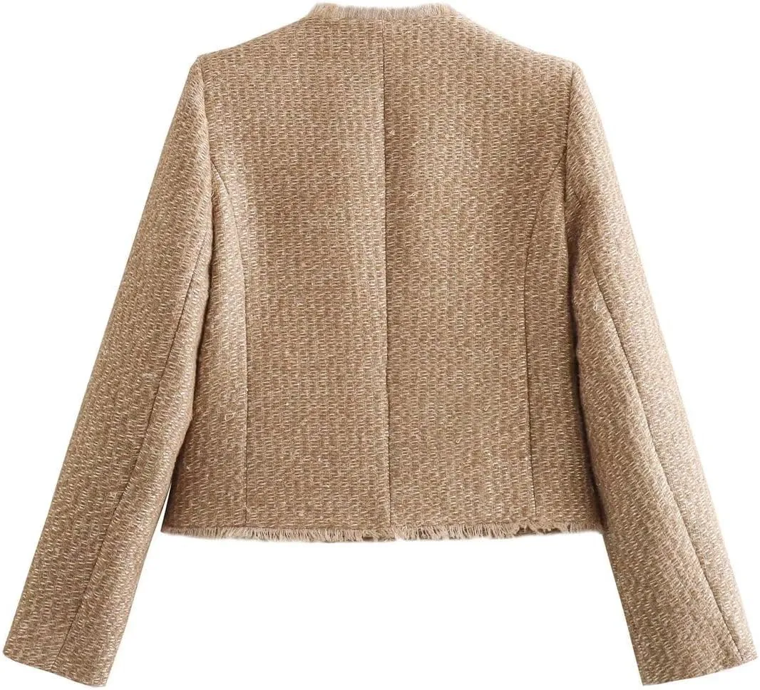 Womens Tweed Blazers Winter Fashion Elegant Casual Work Jackets with Pockets