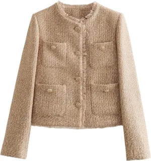 Womens Tweed Blazers Winter Fashion Elegant Casual Work Jackets with Pockets