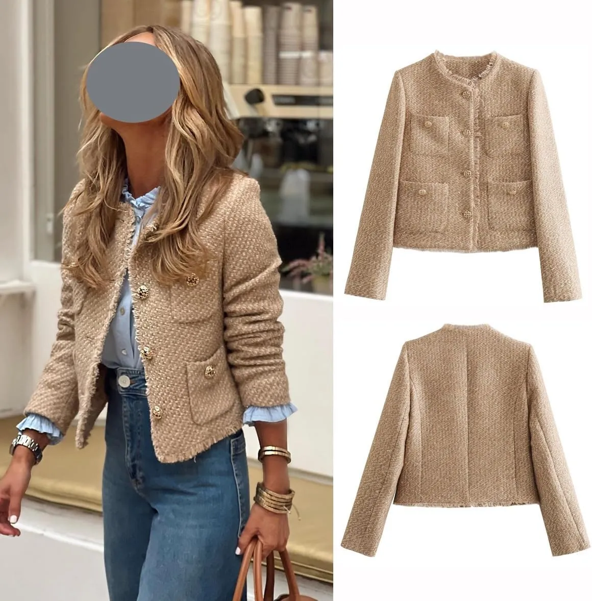 Womens Tweed Blazers Winter Fashion Elegant Casual Work Jackets with Pockets